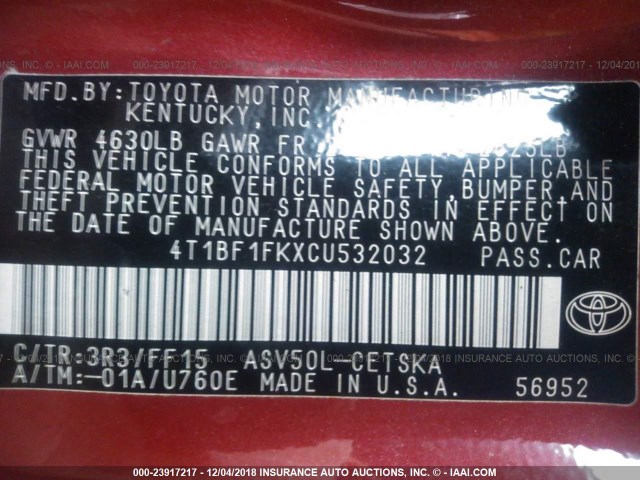 4T1BF1FKXCU532032 - 2012 TOYOTA CAMRY SE/LE/XLE RED photo 9