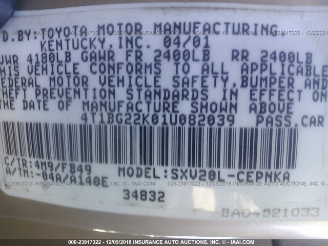 4T1BG22K01U082039 - 2001 TOYOTA CAMRY CE/LE/XLE GOLD photo 9