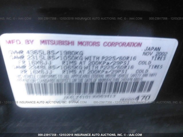 JA4LZ41G13U063413 - 2003 MITSUBISHI OUTLANDER XLS BLACK photo 9