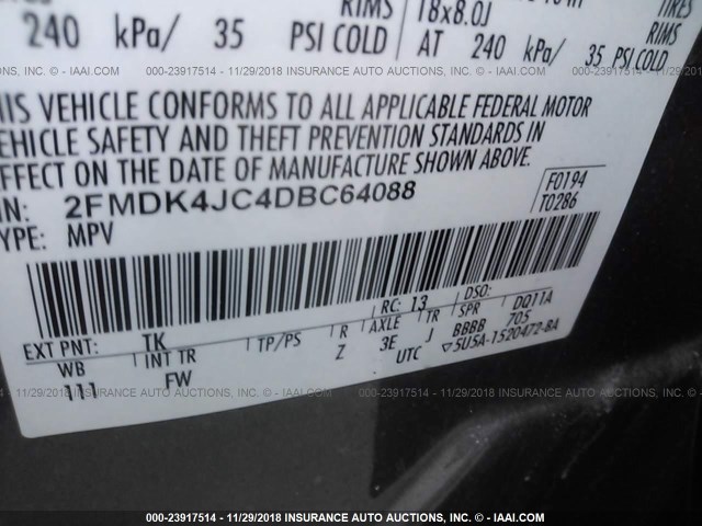 2FMDK4JC4DBC64088 - 2013 FORD EDGE SEL GRAY photo 9