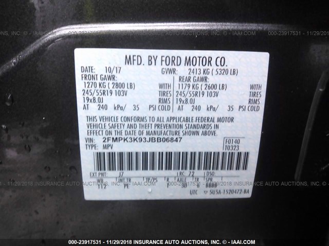 2FMPK3K93JBB06847 - 2018 FORD EDGE TITANIUM GRAY photo 9