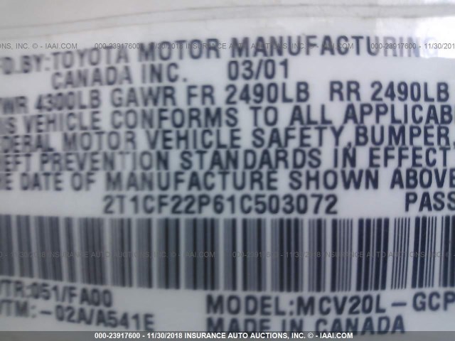 2T1CF22P61C503072 - 2001 TOYOTA CAMRY SOLARA SE/SLE Ağ foto 9