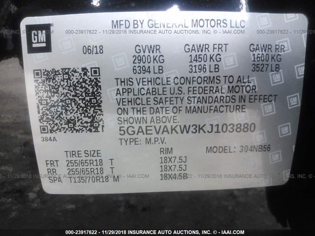 5GAEVAKW3KJ103880 - 2019 BUICK ENCLAVE ESSENCE 黑色 照片 9