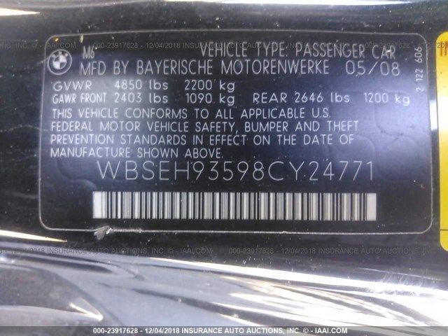 WBSEH93598CY24771 - 2008 BMW M6 BLACK photo 9