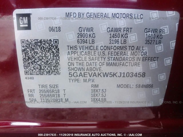 5GAEVAKW5KJ103458 - 2019 BUICK ENCLAVE ESSENCE RED photo 9