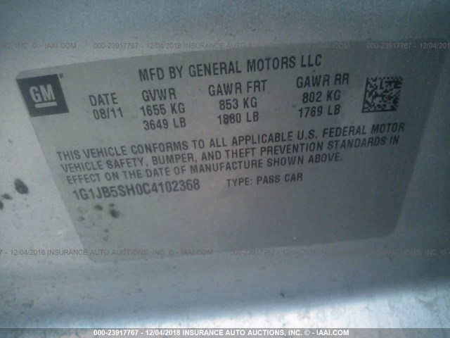 1G1JB5SH0C4102368 - 2012 CHEVROLET SONIC LS 银色 照片 9