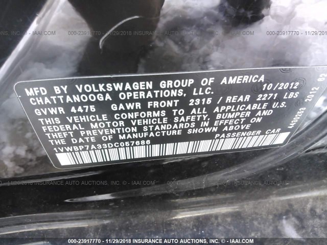 1VWBP7A33DC057686 - 2013 VOLKSWAGEN PASSAT SE BLACK photo 9