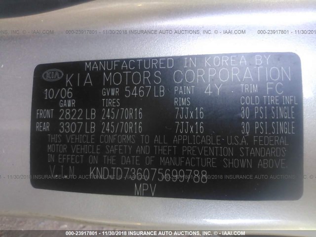 KNDJD736075699788 - 2007 KIA SORENTO EX/LX BEIGE photo 9