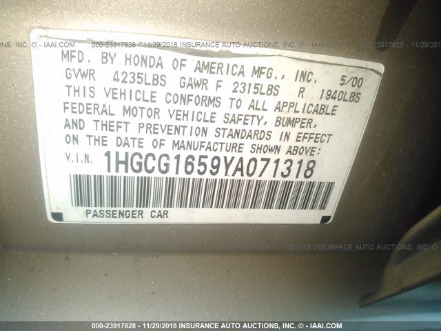 1HGCG1659YA071318 - 2000 HONDA ACCORD EX BEIGE photo 9