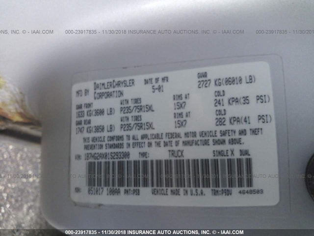 1B7HG2AX01S293300 - 2001 DODGE DAKOTA QUAD SILVER photo 9