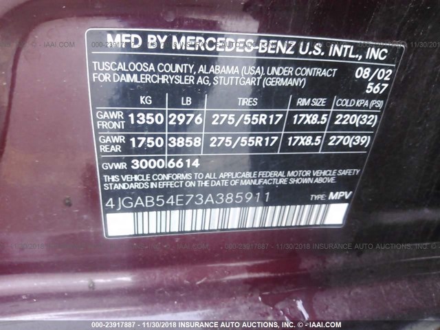 4JGAB54E73A385911 - 2003 MERCEDES-BENZ ML 320 MAROON photo 9