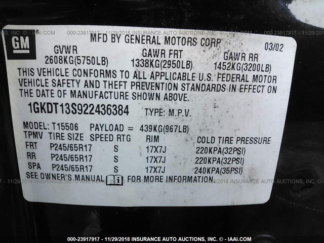 1GKDT13S922436384 - 2002 GMC ENVOY BLACK photo 9