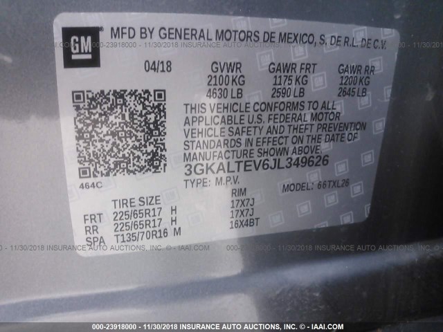 3GKALTEV6JL349626 - 2018 GMC TERRAIN SLE GRAY photo 9