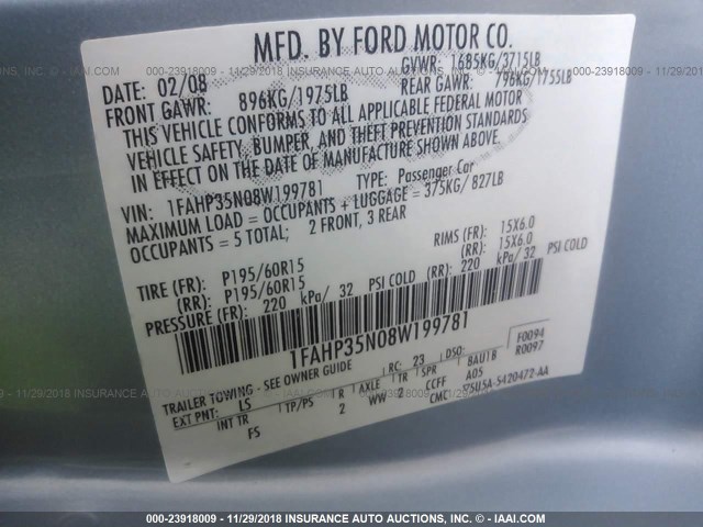 1FAHP35N08W199781 - 2008 FORD FOCUS SE/SEL/SES BLUE photo 9