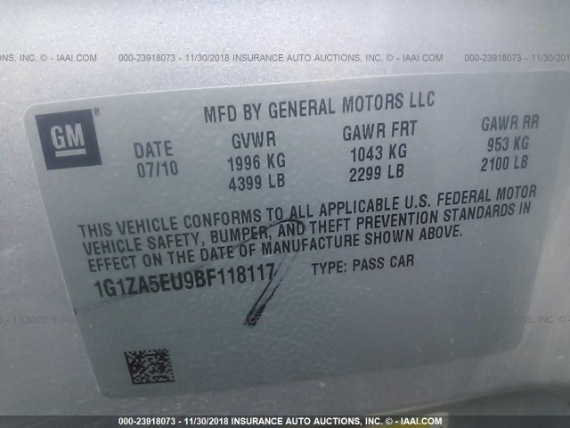 1G1ZA5EU9BF118117 - 2011 CHEVROLET MALIBU LS 银色 照片 9