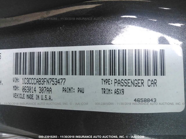 1C3CCCAB3FN753477 - 2015 CHRYSLER 200 LIMITED GRAY photo 9