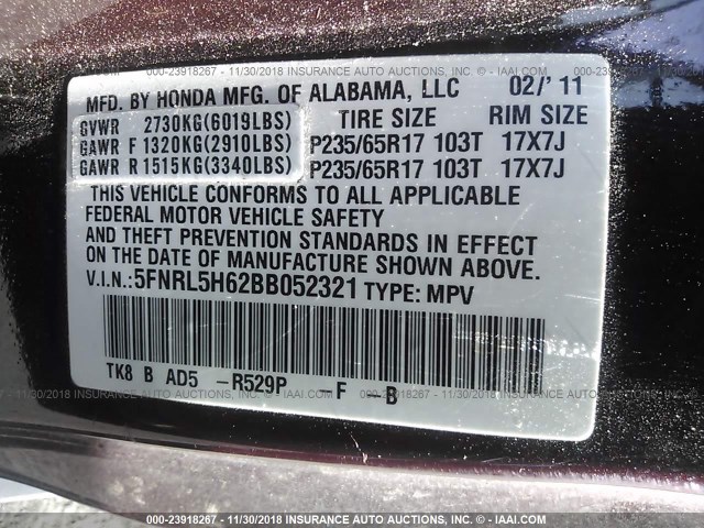 5FNRL5H62BB052321 - 2011 HONDA ODYSSEY EXL MAROON photo 9