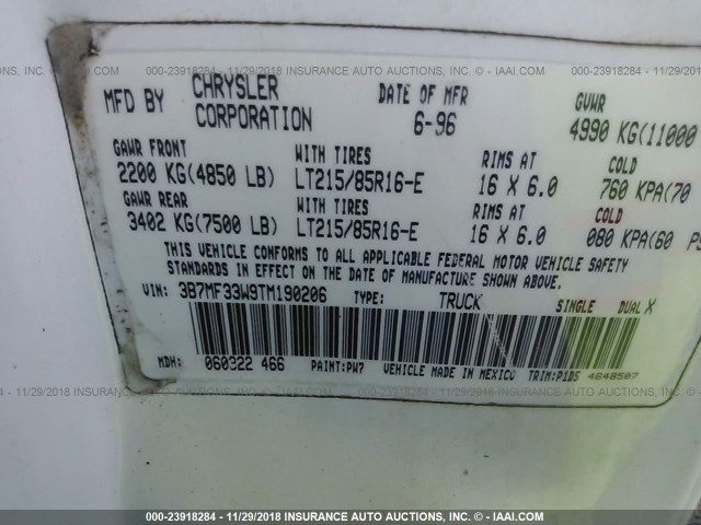 3B7MF33W9TM190206 - 1996 DODGE RAM 3500 WHITE photo 9