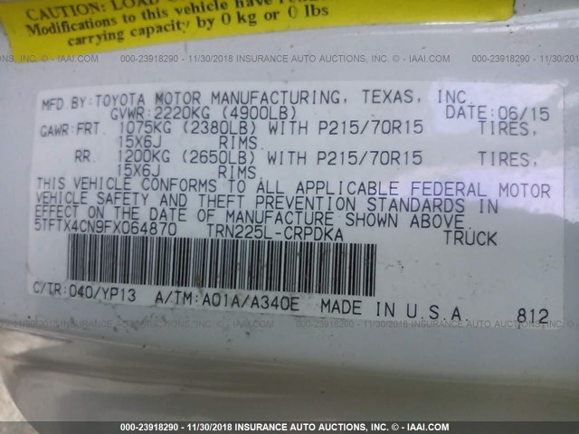 5TFTX4CN9FX064870 - 2015 TOYOTA TACOMA ACCESS CAB თეთრი ფოტო 9