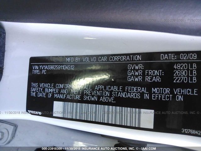 YV1AS982591104512 - 2009 VOLVO S80 3.2 WHITE photo 9