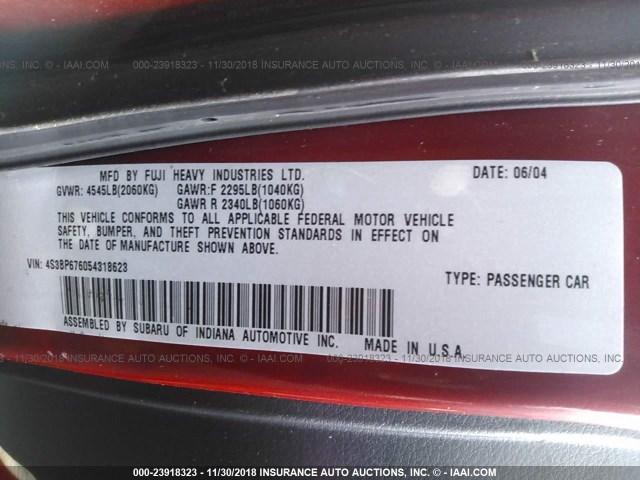 4S3BP676054318623 - 2005 SUBARU LEGACY GT LIMITED RED photo 9