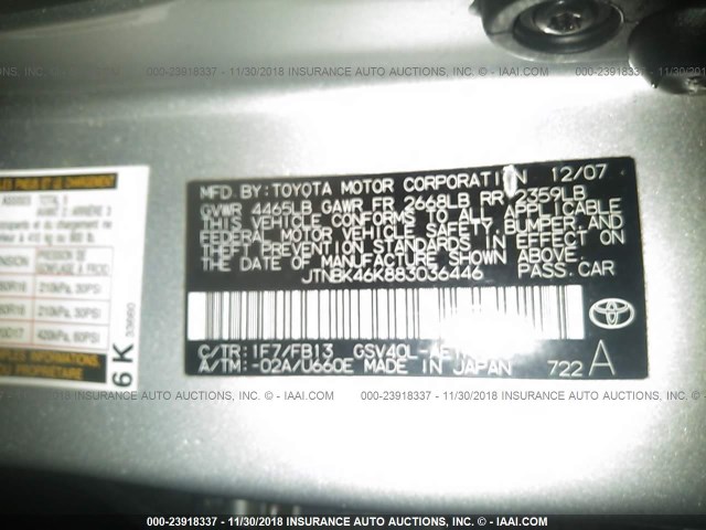 JTNBK46K883036446 - 2008 TOYOTA CAMRY LE/XLE/SE SILVER photo 9