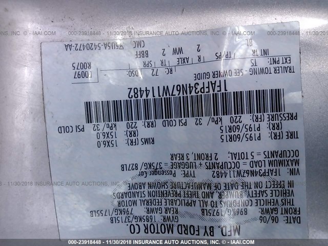 1FAFP34N67W114482 - 2007 FORD FOCUS ZX4/S/SE/SES SILVER photo 9