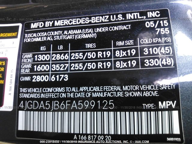 4JGDA5JB6FA599125 - 2015 MERCEDES-BENZ ML 350 GRAY photo 9