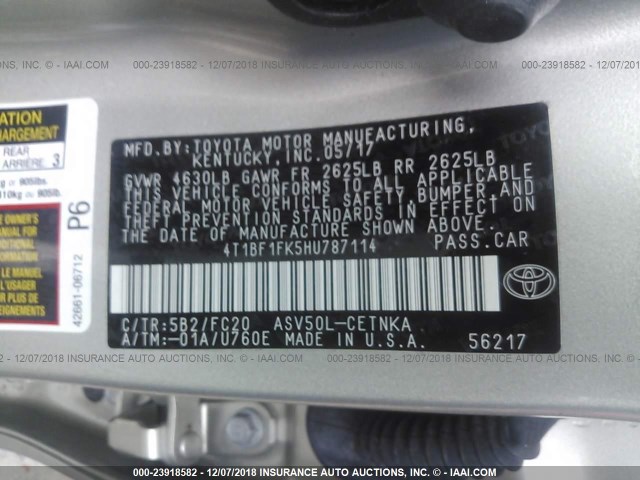 4T1BF1FK5HU787114 - 2017 TOYOTA CAMRY LE/XLE/SE/XSE შამპანური ფოტო 9