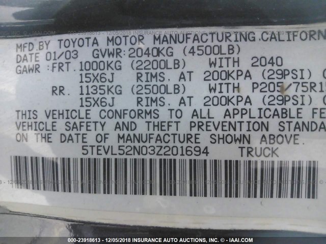 5TEVL52N03Z201694 - 2003 TOYOTA TACOMA XTRACAB BLACK photo 9