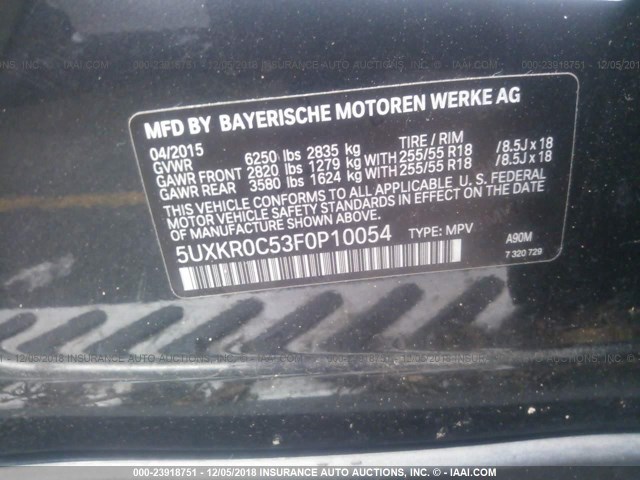5UXKR0C53F0P10054 - 2015 BMW X5 XDRIVE35I BLACK photo 9