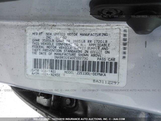 1NXBR32E33Z122790 - 2003 TOYOTA COROLLA CE/LE/S SILVER photo 9