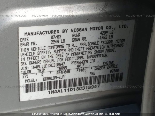 1N4AL11D13C318947 - 2003 NISSAN ALTIMA S/SL SILVER photo 9