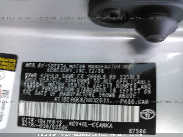 4T1BE46K87U632611 - 2007 TOYOTA CAMRY NEW GENERAT CE/LE/XLE/SE SILVER photo 9