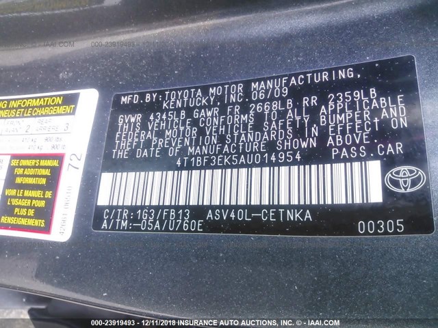 4T1BF3EK5AU014954 - 2010 TOYOTA CAMRY SE/LE/XLE 灰色 照片 9