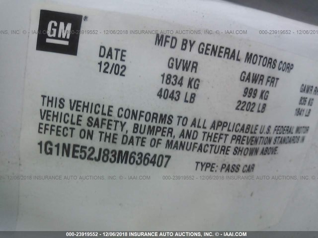 1G1NE52J83M636407 - 2003 CHEVROLET MALIBU LS WHITE photo 9