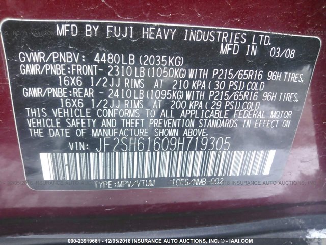 JF2SH61609H719305 - 2009 SUBARU FORESTER 2.5X RED photo 9