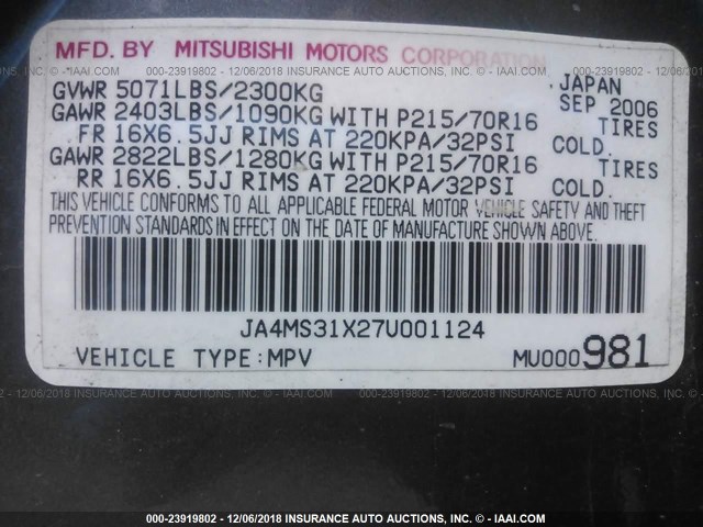 JA4MS31X27U001124 - 2007 MITSUBISHI OUTLANDER ES/LS GRAY photo 9