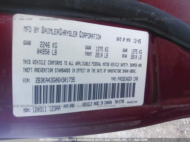 2B3KA43G06H301735 - 2006 DODGE CHARGER SE/SXT RED photo 9