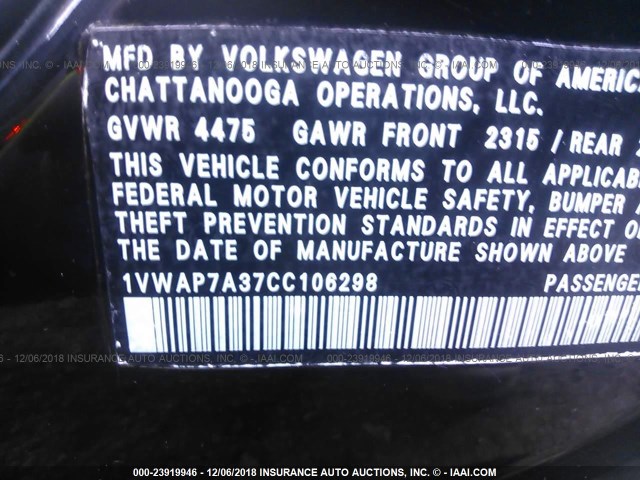 1VWAP7A37CC106298 - 2012 VOLKSWAGEN PASSAT S BLACK photo 9