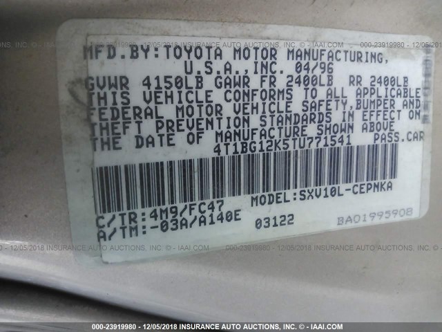 4T1BG12K5TU771541 - 1996 TOYOTA CAMRY DX/LE/XLE GOLD photo 9