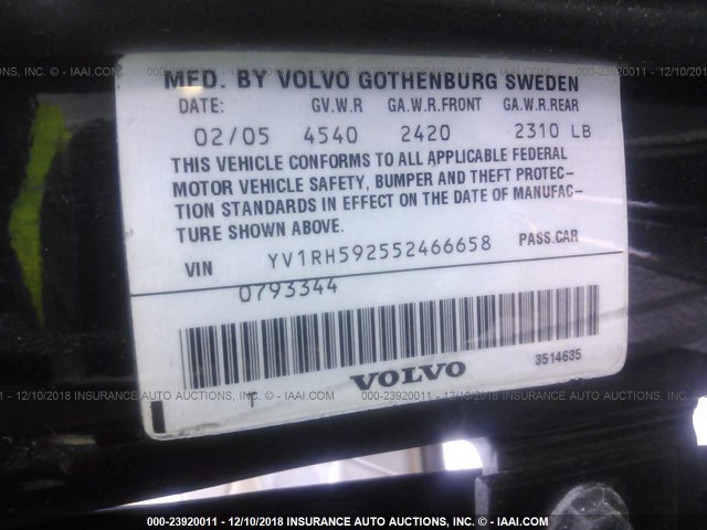 YV1RH592552466658 - 2005 VOLVO S60 2.5T BLACK photo 9