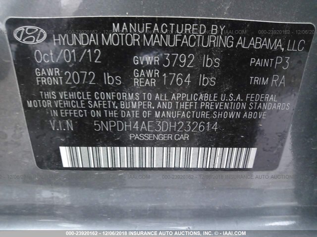 5NPDH4AE3DH232614 - 2013 HYUNDAI ELANTRA GLS/LIMITED GRAY photo 9