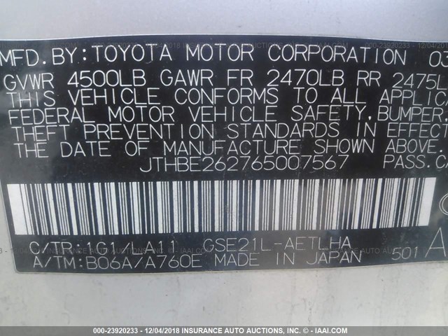 JTHBE262765007567 - 2006 LEXUS IS 350 SILVER photo 9