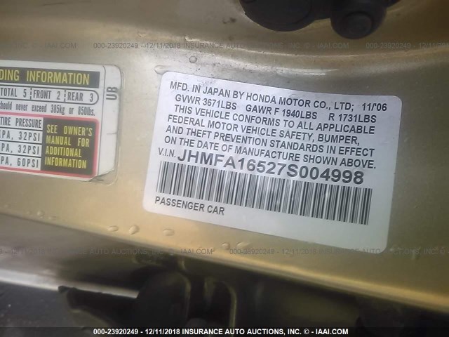 JHMFA16527S004998 - 2007 HONDA CIVIC LX GOLD photo 9