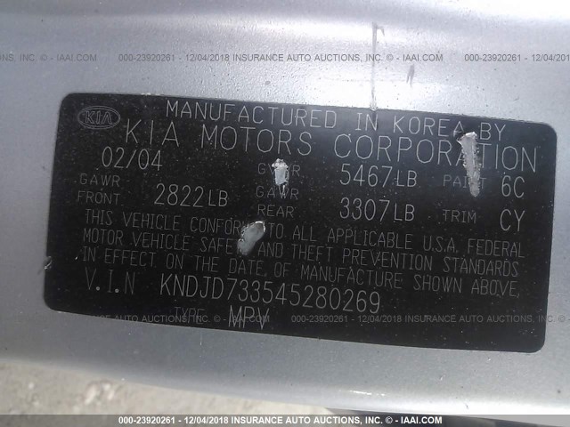 KNDJD733545280269 - 2004 KIA SORENTO EX/LX SILVER photo 9