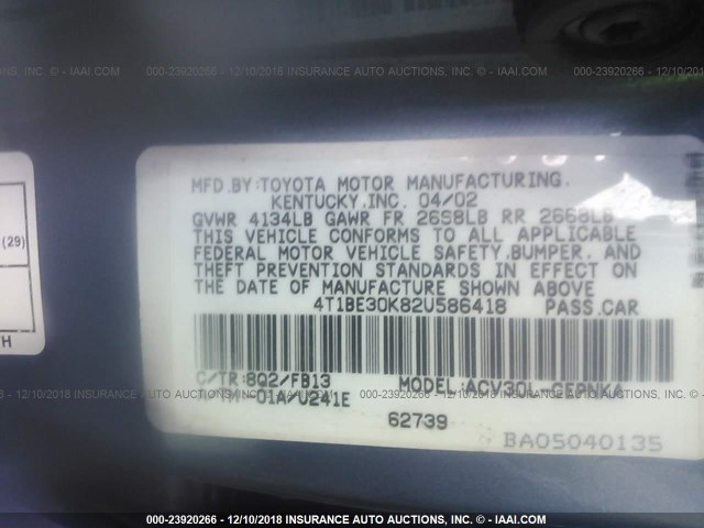 4T1BE30K82U586418 - 2002 TOYOTA CAMRY LE/XLE/SE BLUE photo 9