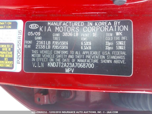 KNDJT2A23A7068700 - 2010 KIA SOUL +/!/SPORT RED photo 9