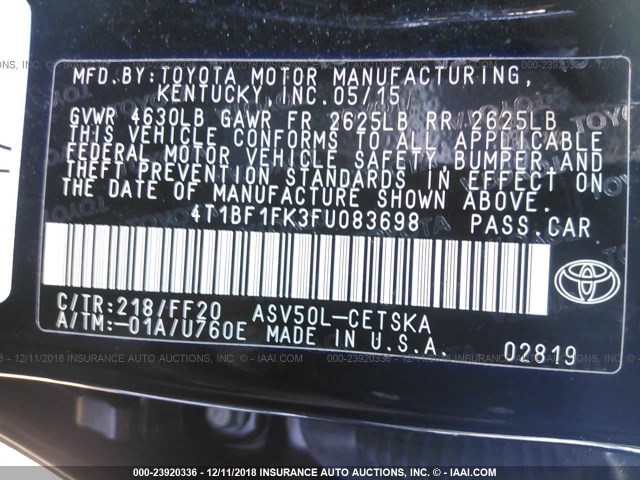 4T1BF1FK3FU083698 - 2015 TOYOTA CAMRY LE/XLE/SE/XSE BLACK photo 9