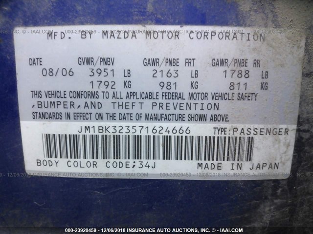 JM1BK323571624666 - 2007 MAZDA 3 S BLUE photo 9